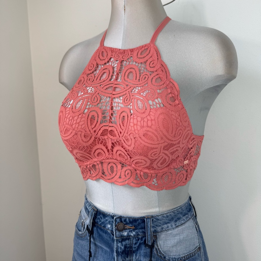 VS Pink ROSEY LACE PADDED PUSH UP BRALETTE HIGH NECK HALTER NECK BRA Size Small